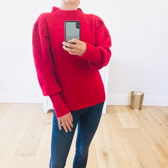 Red Puff Sleeve Fuzzy Sweater - Picture 3 of 7